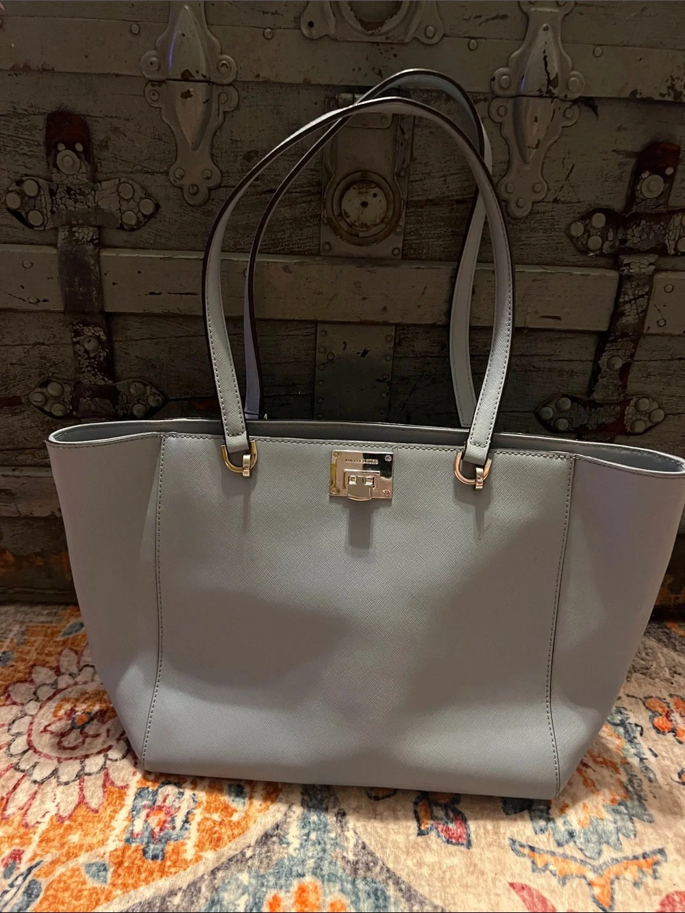 Michael Kors Baby Blue Leather Tote with Silver Lock & Hardware